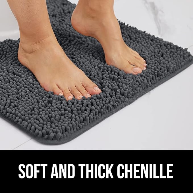 Bath Rug 48 x 24 Charcoal Chenille, Quick-Dry Microfiber, TPR Rubber Backing