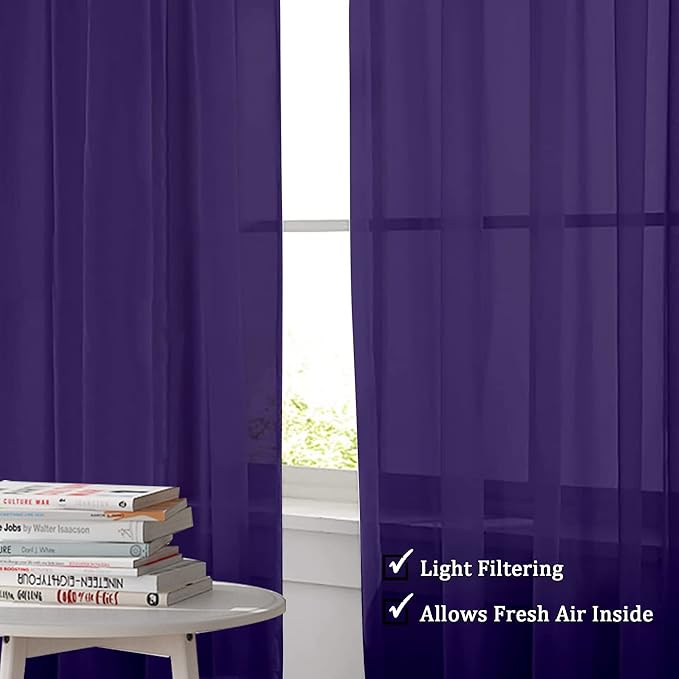 OWENIE Purple Sheer Curtains 63 inch Length 2 Panels Set, Rod Pocket Voile Fimly Sheer Drapes for Living Room/Bedroom, 2pcs, Each 42" W x 63" L