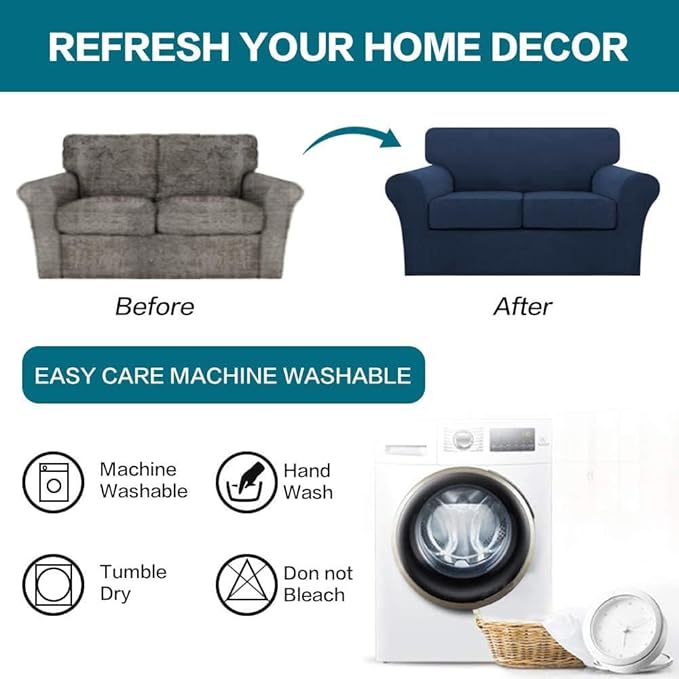 Turquoize 3 Piece Sofa Covers for 2 Cushion Couch Sofa Slipcover Soft Couch Cover for Dogs-Washable Sofa Furniture Covers with 2 Individual Cushion Covers, Thick Jacquard Fabric (Loveseat, Navy)