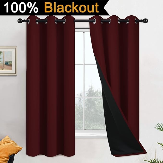 Yakamok 63 Inch Length 100% Blackout Curtains for Bedroom, 2 Thick Layers Thermal Insulated Grommet Total Blackout Drapes with Black Liner for Living Room (42Wx63L,Burgundy Red, 2 Panels)