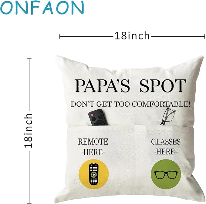 ONFAON Papa Gifts Throw Pillow Case, Papa's Spot Throw Pillow Covers 18 x 18 Inch,Birthday Christmas Thanksgiving Day Gifts for Papa Stepdad 2-Pocket