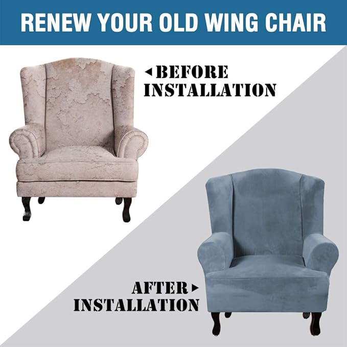 H.VERSAILTEX Wingback Chair Covers Velvet Plush Wing Chair Slipcover 1 Piece High Stretch Wing Back Chair Slipcovers Sofa Cover Furniture Cover with Elastic Bottom, Stone Blue