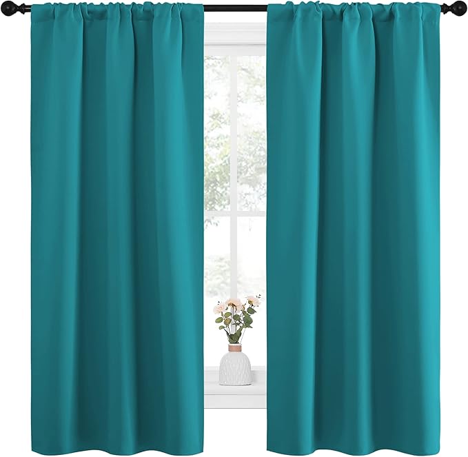 NICETOWN Peacock Blue Blackout Curtains Panels for Window, Thermal Insulated Rod Pocket Blackout Drapes/Draperies for Living Room (2 Panels, W34 x L63 inches)