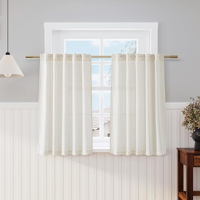 Nanspring 45 Inch Short Window Linen Curtains,for Kitchen Windows Over Sink Semi Sheer Curtain Back Tab and Rod Pocket Neutral Drapes for Cafe/Bathroom/Loft Room Cream 29 x 45,2 Panels