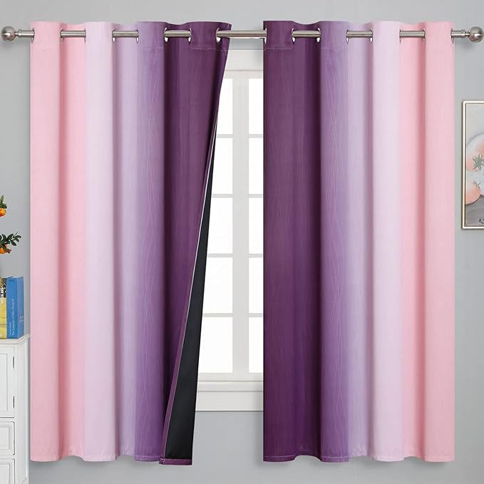Pink and Purple Curtains 63 Inch Length 2 panels, Full Light Blocking Ombre Blackout Curtains for Kids Room, Thermal Insulated Noise Reducing Gradient Blackout Curtains for Girls Bedroom, 52x63 Inch