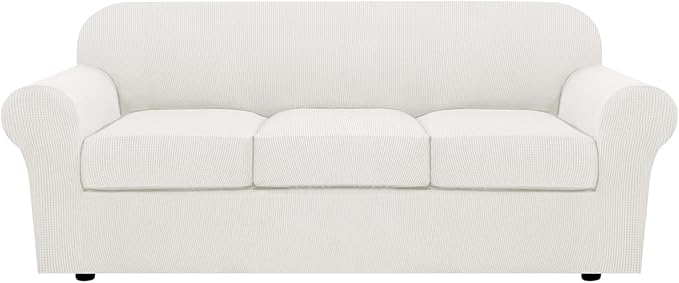 H.VERSAILTEX 4 Piece Stretch Sofa Covers for 3 Cushion Couch Covers for Living Room Furniture (Base Cover Plus 3 Seat Cushion Covers) Upgraded Thicker Jacquard Fabric (Sofa, Porcelain White)