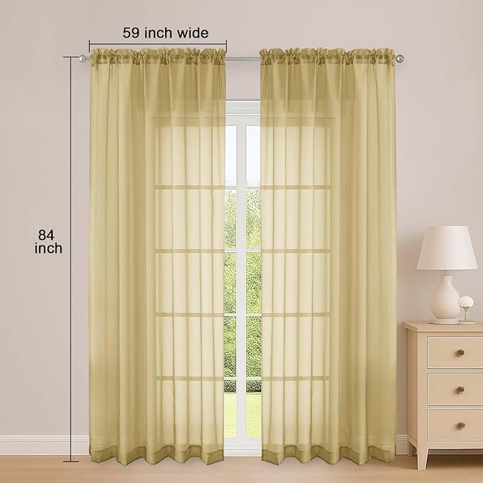 OWENIE Sheer Curtains 84 Inches Long 2 Panels Set, Sheer Gold Curtains for Living Room Bedroom 59 Inch Extra Wide, Modern Voile Filmy Rod Pocket Drapes, 2 Pcs, Each 59 W x 84L, Gold