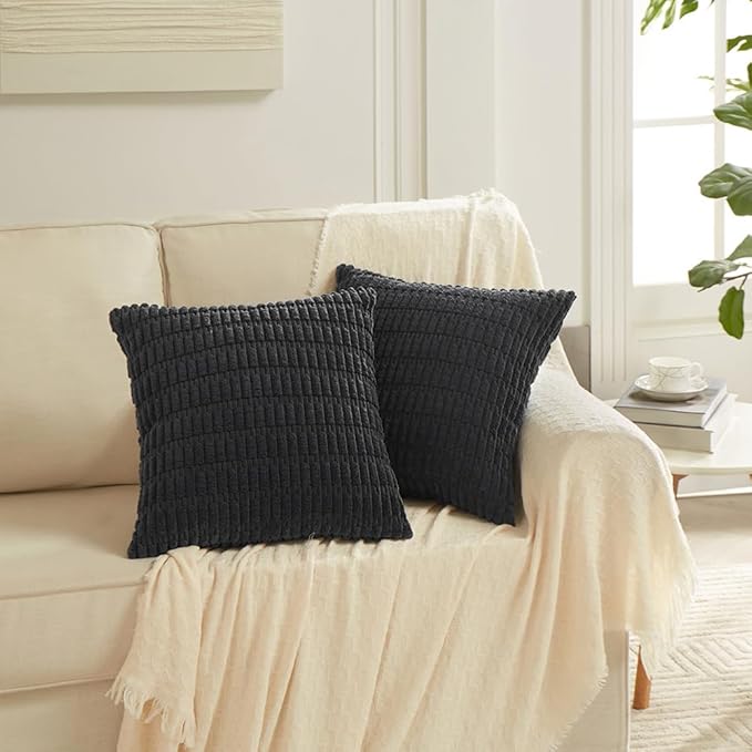 Fancy Homi 4 Packs Boho Black Decorative Throw Pillow Covers 26x26 Inch for Living Room Couch Bed Sofa, Rustic Modern Farmhouse Home Decor, Soft Plush Corduroy Cute Square Cushion Case 66x66 cm