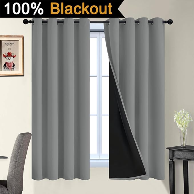 Yakamok Dove Grey 100% Blackout Curtains, Thermal Insulated Total Blackout Drapes for Bedroom, Heat Blocking Window Curtains for Living Room(52Wx63L, 2 Panels)