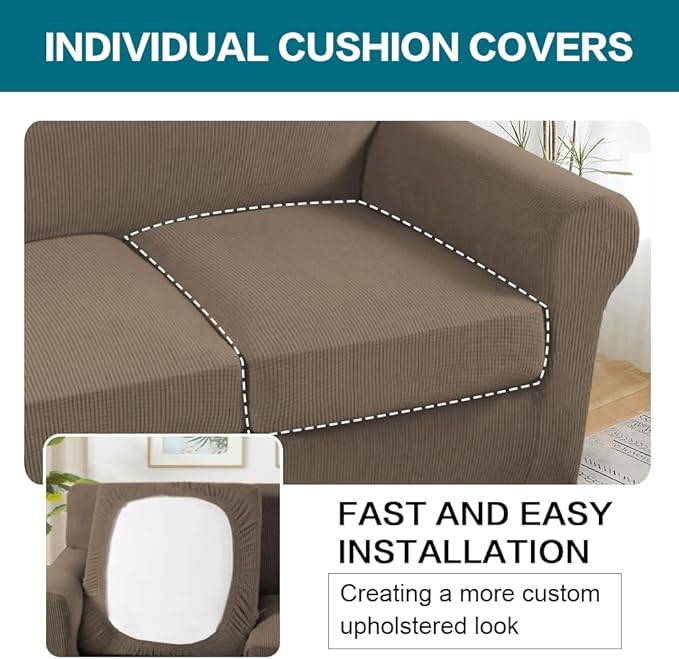 Turquoize 4 Piece Sofa Covers for 3 Cushion Couch Sofa Slipcover Soft Couch Cover for Dogs-Washable Sofa Furniture Covers with 3 Individual Large Cushion Covers (XL Sofa, Macchiato)