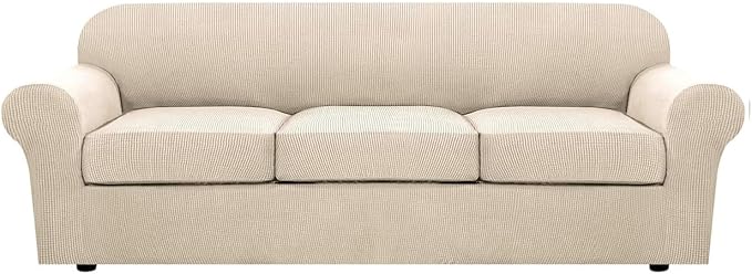H.VERSAILTEX 4 Piece Stretch Sofa Covers for 3 Cushion Couch Covers for Living Room Furniture Slipcovers (Base Cover Plus 3 Seat Cushion Covers) Thicker Jacquard Fabric (Large Sofa, Natural)