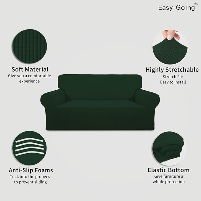 Easy-Going Stretch Oversized Loveseat Slipcover 1-Piece Sofa Cover Furniture Protector Couch Soft with Elastic Bottom for Kids Polyester Spandex Jacquard Fabric Small Checks Dark Green