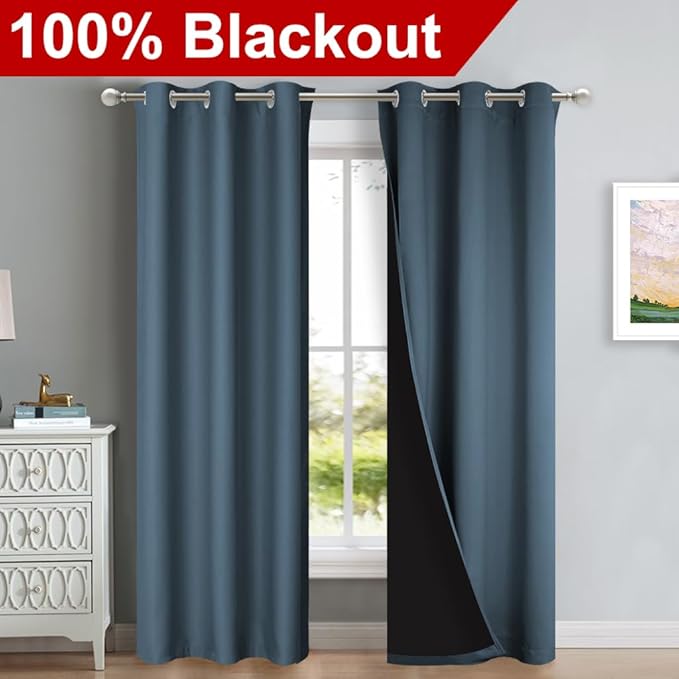 NICETOWN Smoky Blue Full Shade Curtain Panels, 37" Wide x 80" Long, Smoky Blue, Pair of Thermal Insulated & Energy Efficiency Blackout Drapes for Living Room, Lined Silky Performance Window Dressing