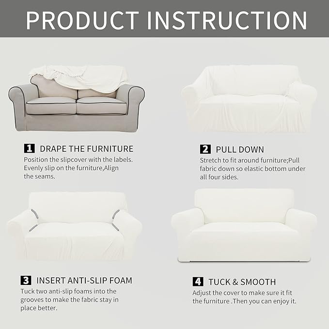 Easy-Going Stretch Loveseat Slipcover 1-Piece Sofa Cover Furniture Protector Couch Soft with Elastic Bottom for Kids Polyester Spandex Jacquard Fabric Small Checks (Loveseat, Cream)