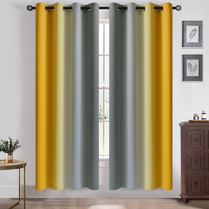 Yakamok Ombre Yellow and Grey Curtains for Bedroom, Gradient Room Darkening Curtains, Grommet Thermal Insulated Light Blocking Window Drapes/Curtain for Living Room,52 x 72 Inch,2 Panels