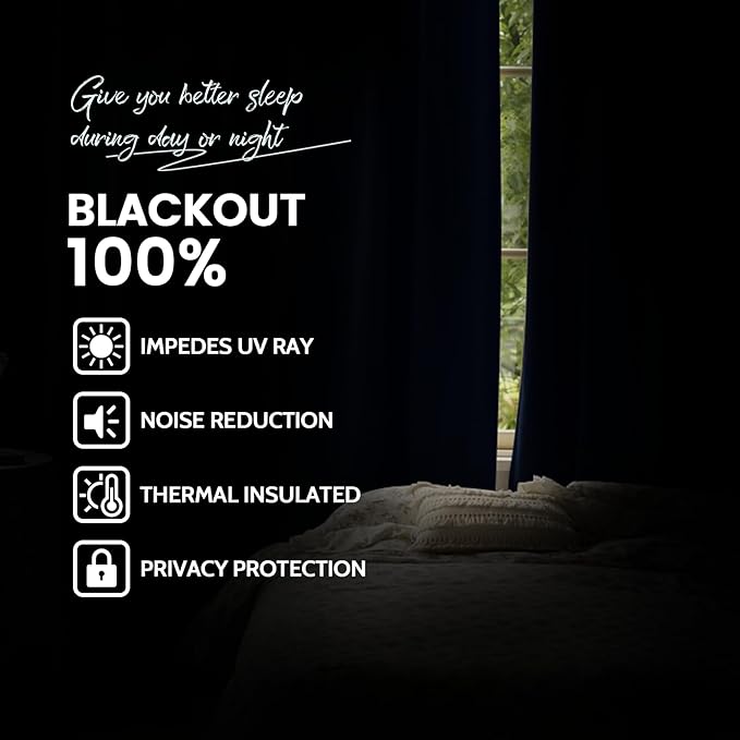 Yakamok Navy Blue 100% Blackout Curtains 84 Inches Long Thermal Insulated Window Curtain for Bedroom Living Room Darkening Set of 2 Panels Grommet Top Drapes with 2 Thick Layers 52x84 Inches Dark Blue