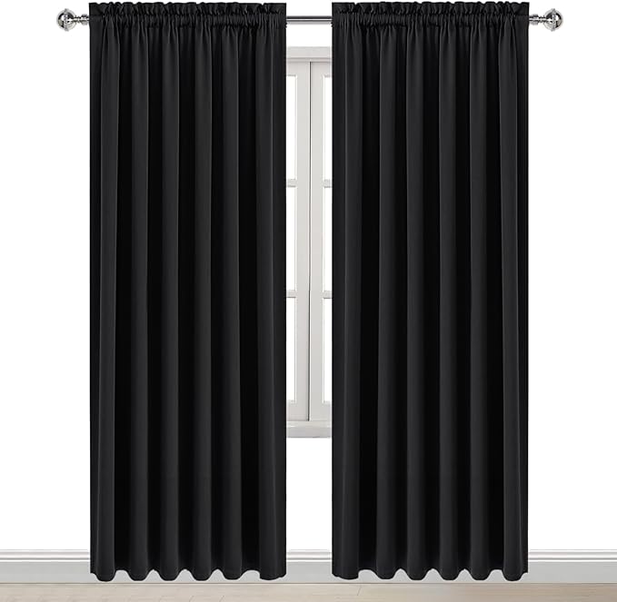 DWCN Blackout Curtains for Living Room Thermal Insulated, Energy Saving & Noise Reducing Bedroom Curtains, Black, W 70x L 84 Inch, Set of 2 Rod Pocket Curtain Panels