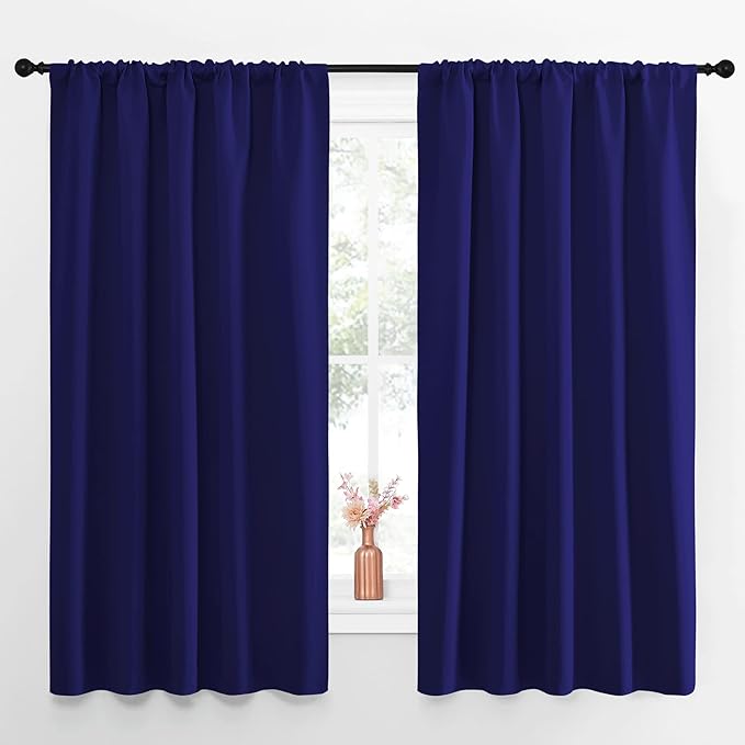 NICETOWN Curtains Blackout Draperies - Modern Design Thermal Insulated Solid Rod Pocket Top Blackout Drapes for Kid's Bedroom, Window Coverings (Navy Blue, 1 Pair, 52 x 63 inches)