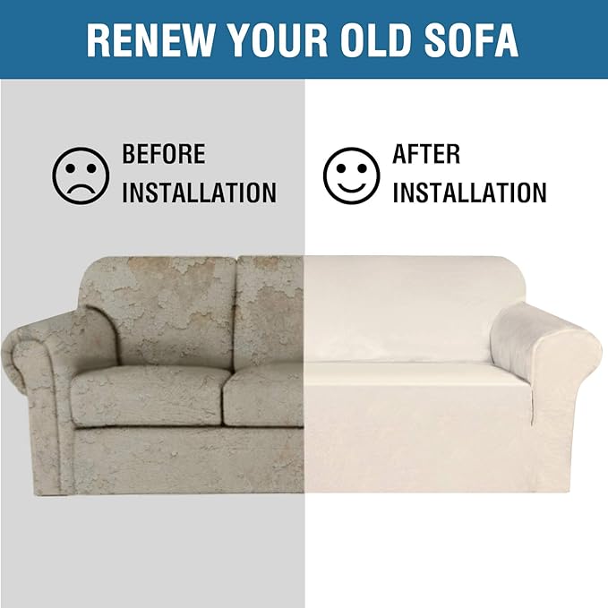 H.VERSAILTEX Stretch Sofa Covers Large Couch Covers Sofa Slipcovers Furniture Protector Soft with Non Slip Elastic Bottom, Feature Thick Comfy Rich Velour (XL Sofa, Ivory)