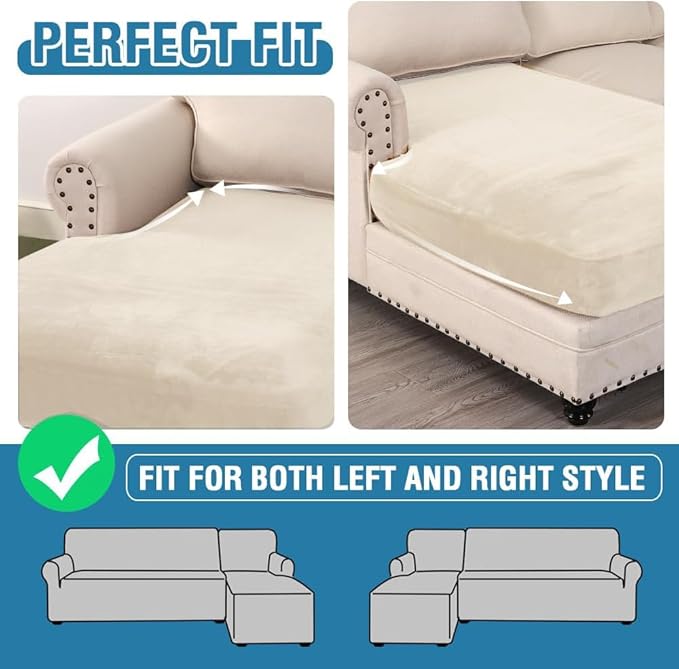H.VERSAILTEX Velvet Stretch Individual Chaise Cover Sectional Couch Covers for L Shaped Sofa Both Left/Right Furniture Protector Seat Cushion Sofa Cover (1 Piece Chaise Cover, Cream)