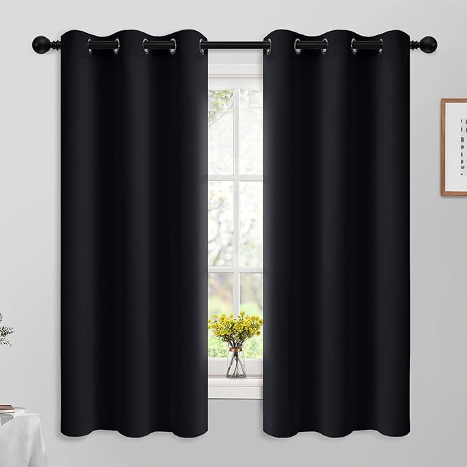 Yakamok 63 Inch Length Blackout Curtains for Bedroom, Thermal Insulated Room Darkening Grommet Top Window Drapes for Living Room,Black,42W x 63L,2 Panels