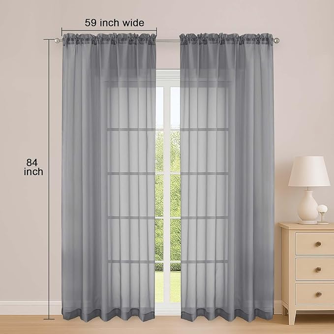 OWENIE Sheer Curtains 84 Inches Long 2 Panels Set, Sheer Grey Curtains for Living Room Bedroom 59 Inch Extra Wide, Modern Voile Filmy Rod Pocket Drapes, 2 Pcs, Each 59 W x 84L, Grey