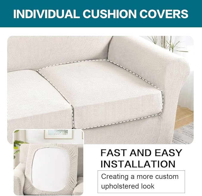 Turquoize 3 Piece Sofa Covers For 2 Cushion Couch Sofa Slipcover Soft Couch Cover For Dogs-Washable Sofa Furniture Covers With 2 Individual Cushion Covers, Feature Thick Fabric (2 Cushion Sofa, Ivory)