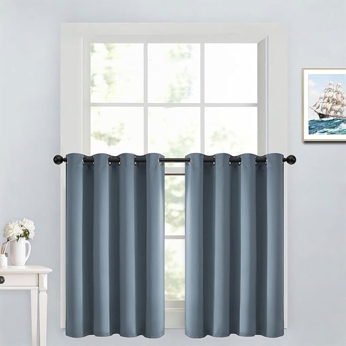 Yakamok Soild Small Window Curtains,Grommet Thermal Insulated Privacy Curtains and Drapes Room Darkening Shades Decent Decor for Kitchen Camper Closet(2 Panels,Stone Blue,52x36 Inch)