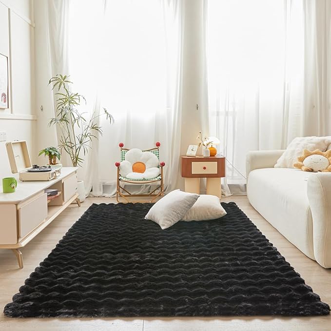 Black Rabbit Plush Rug 5'x8', Fluffy Faux Fur Shaggy Area Rug for Nursery, Kids Room Decor, Soft Fuzzy Carpet for Living Room, Bedroom, Teen Girls Room