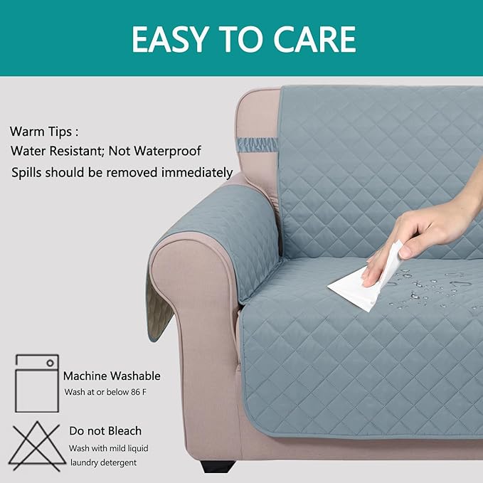 U-NICE HOME Recliner Chair Covers Reversible Quilted Water Repellent Pet Protectors with Elastic Straps (23''Recliner Small, Light Blue/Beige)
