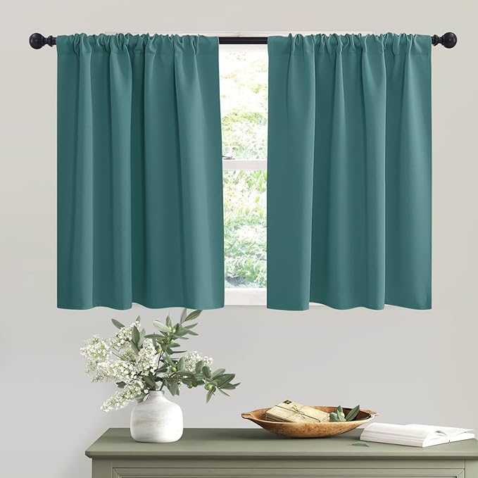 RYB HOME Short Teal Blackout Curtains for Small Bedroom Window, Insulating UV Blocking Drapes for Kitchen Cafe Basement Garage, Privacy Tiers for Bathroom Window, Width 42 by Length 36, Set of 2