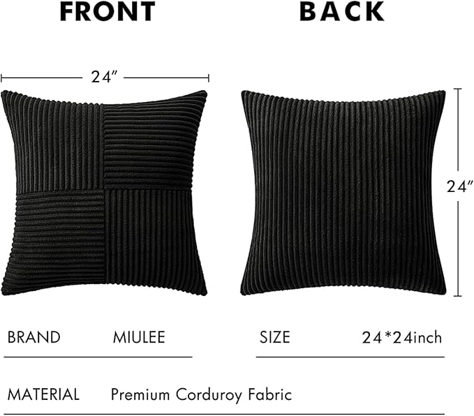 MIULEE Black Decorative Euro Sham Pillow Covers 24x24 Inch for Bed Couch Sofa Pack of 2 Boho Farmhouse Throw Pillows Soft Cross Corduroy Patchwork Textured Cushion Cases