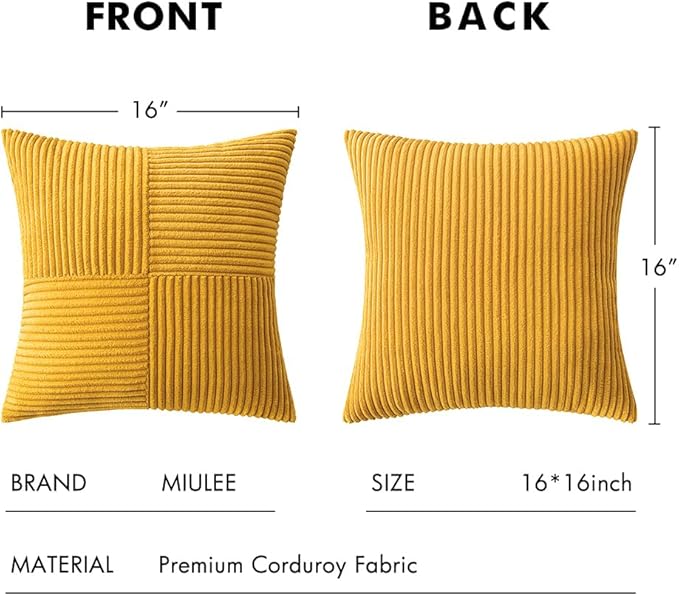 MIULEE Mustard Yellow Decorative Throw Pillow Covers 16x16 Inch for Couch Bed Sofa Pack of 2 Boho Farmhouse Throw Pillows Soft Cross Corduroy Patchwork Textured Cushion Cases