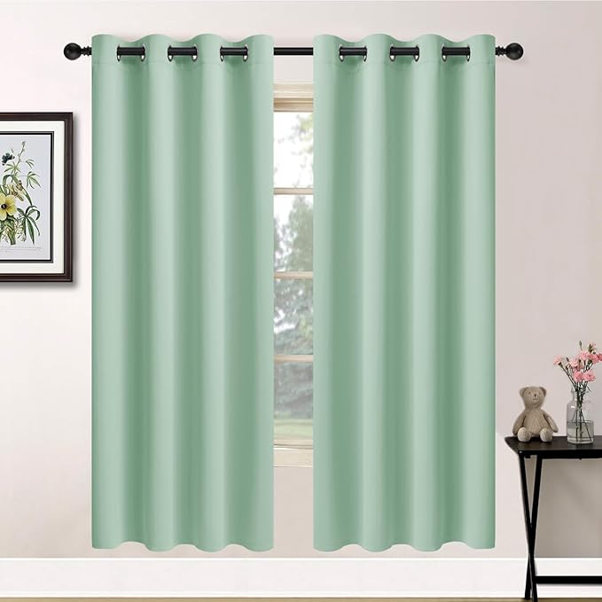 Yakamok Light Sage Green Blackout Curtains-Room Darkening Green Thermal Insulated Grommet Set of 2 Drapes for Bedroom Living Room, 52W x 72L, Light Sage,2 Panels