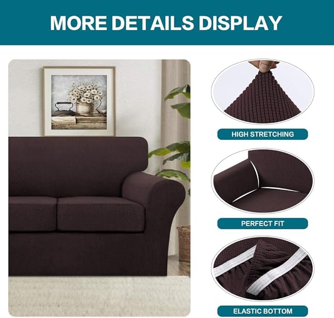 Turquoize 4 Piece Sofa Covers for 3 Cushion Couch Sofa Slipcover Soft Couch Cover for Dogs-Washable Sofa Furniture Covers with 3 Individual Large Cushion Covers Jacquard Fabric (XL Sofa, Brown)