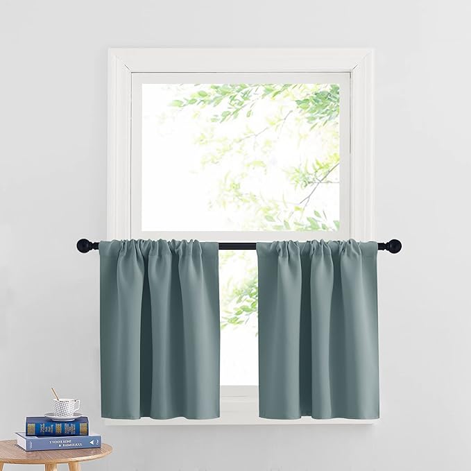 RYB HOME Cafe Blackout Curtains 24 inch Length, RV Curtains for Camper Windows, Mini Short Small Insulating Light UV Blocking Privacy Half Window Tiers, Width 29 by Length 24, Dusty Blue, 2 Panels