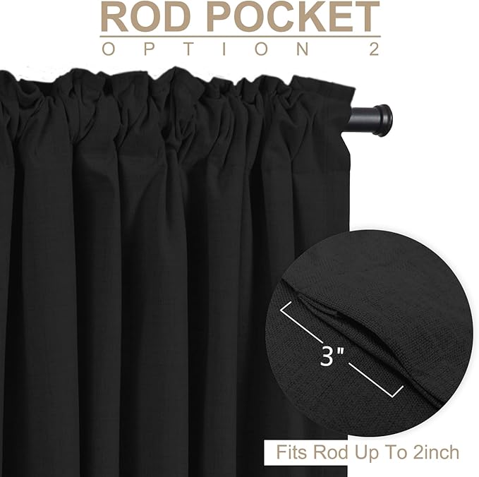 100% Blackout Shield Linen Blackout Curtains for Bedroom 108 Inches Long, Back Tab/Rod Pocket Living Room Drapes, Thermal Insulated Blackout Curtains 2 Panels Set, 50" W x 108" L, Black