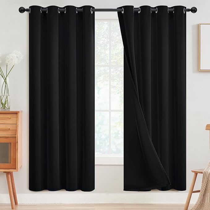 SimpleHome 100% Blackout Curtains for Bedroom,Thermal Insulated Black Grommet Window Drapes Room Darkening Curtains for Living Room with Black Back,52 x 72 Inch,2 Panels