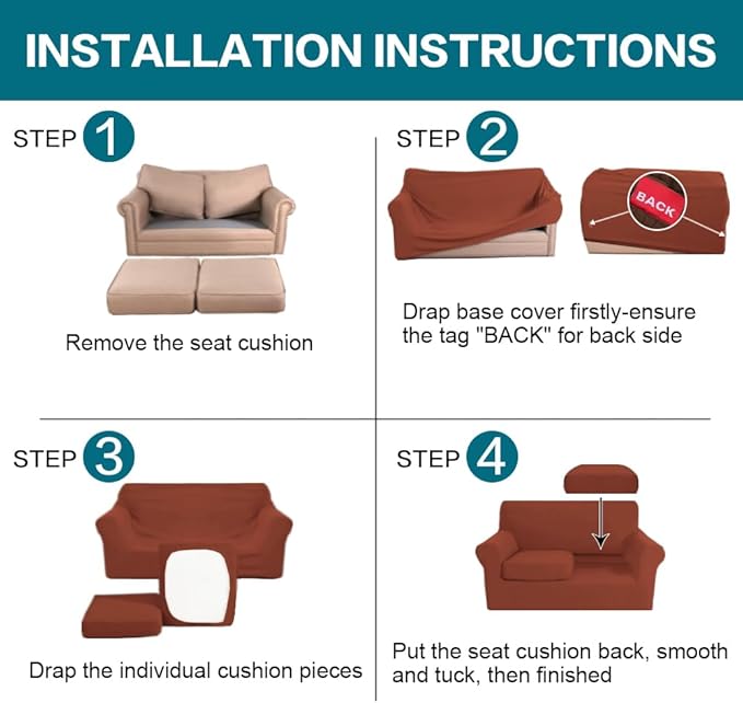 Turquoize 3 Piece Sofa Covers for 2 Cushion Couch Sofa Slipcover Soft Couch Cover for Dogs-Washable Sofa Furniture Covers with 2 Individual Cushion Covers, Feature Fabric (2 Cushion Sofa, Rust)