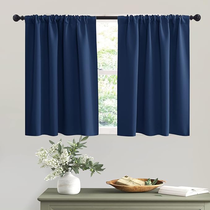 RYB HOME Short Navy Blue Blackout Curtains for Small Bedroom Window, Insulating UV Blocking Drapes for Kitchen Cafe Basement Garage, Privacy Tiers for Bathroom Window, Width 42 by Length 36, Set of 2