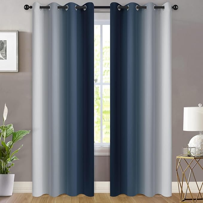 Yakamok Room Darkening Ombre Curtains 90 Inch Length, Navy Blue and Greyish White Thermal Insulated Gradient Color Curtains,Light Blocking Grommet Window Drapes for Bedroom,52 Inch Width,2 Panels