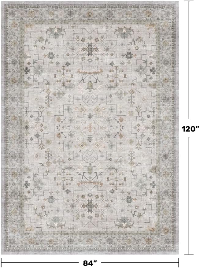 Hazo Haus Boho Light Grey Living Room Rug 7x10 - Modern Vintage Eclectic Floral Pastel Neutral Taupe, Washable Low Pile Non-Slip Large Area Rugs for Dining Under Table Bedroom Lounge