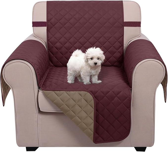U-NICE HOME Reversible Oversized Chair Covers Quilted Water Repellent Pet Protectors with Elastic Straps(28''Armchair, Burgundy/Tan)