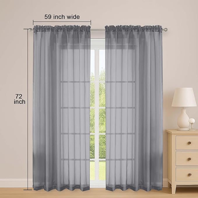 OWENIE Grey Sheer Curtains 72 Inches Long 2 Panels Set, Transparent Voile Sheer Curtain for Living Room Bedroom Window Sliding Glass Door Treatment, 59 x 72 Inch, Grey