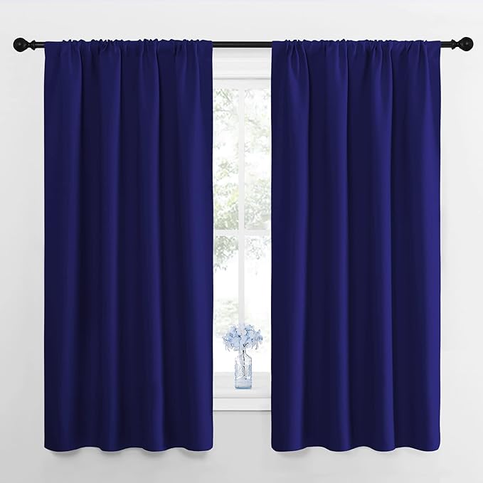 NICETOWN Bedroom Curtains Blackout Draperies, Navy Blue, 1 Pair, 34-inch W x 63-inch L, Home Decorations Thermal Insulated Solid Pole Top Blackout Drapes for Living Room
