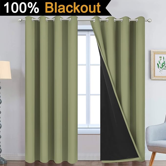 Yakamok Total Blackout Curtains, 2 Thick Layers Completely Blackout Thermal Insulated Drapes with Black Liner for Bedroom(52Wx84L, Sage, 2 Panels)