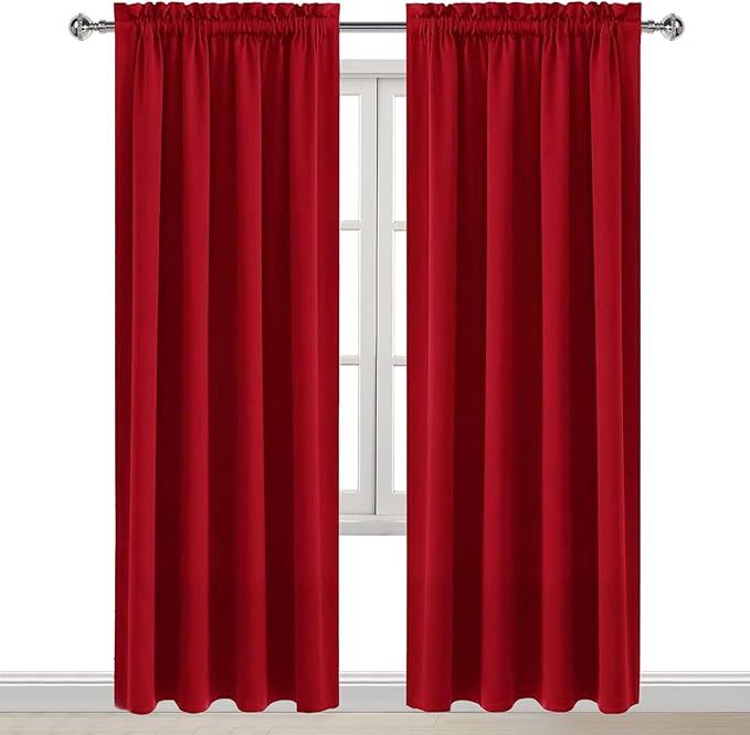 DWCN Christmas Blackout Curtains Room Darkening Thermal Insulated Bedroom Curtains Window Curtain Panels, 52 x 84 inches Long, Set of 2 Red Rod Pocket Drapes