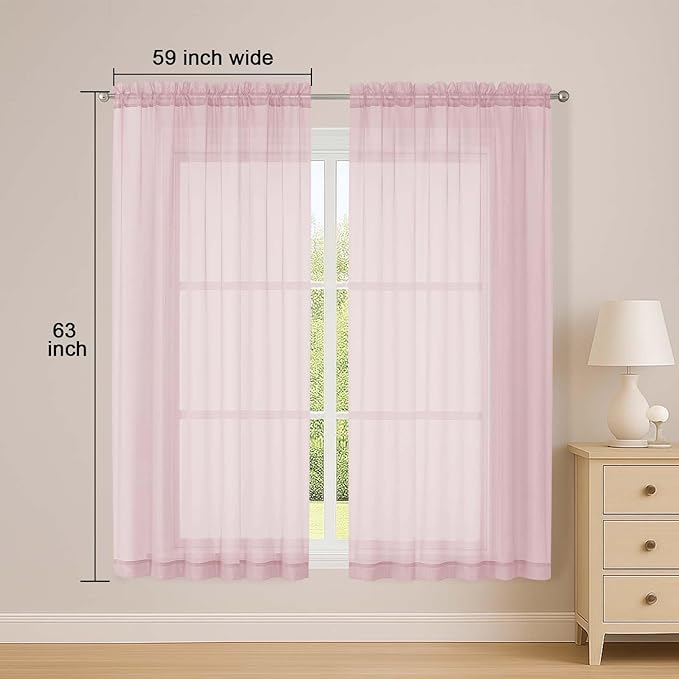 OWENIE Sheer Blush Curtains, Sheer Curtains 63 inch Length 2 Panels Set, Rod Pocket Voile Fimly Sheer Drapes for Living Room Bedroom, 2pcs, Blush, Each 59" W x 63" L