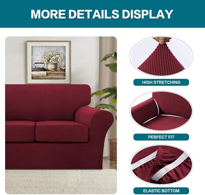 Turquoize 4 Piece Sofa Covers for 3 Cushion Couch Sofa Slipcover Soft Couch Cover for Dogs Washable Furniture Cover with 3 Individual Large Cushion Covers Feature Fabric (Large Sofa, Burgundy)