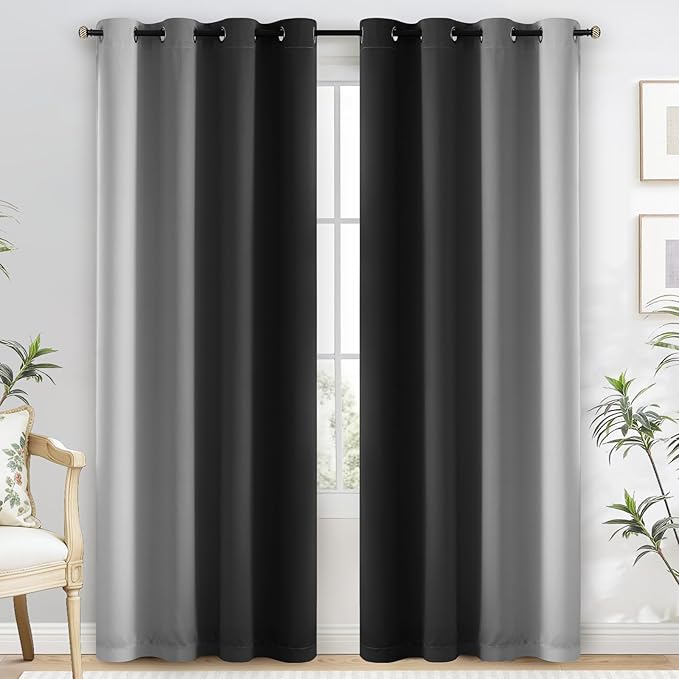 Yakamok 100% Blackout Curtains 84 Inch Length 2 Layers,Black Curtains for Bedroom Ombre Room Darkening Grommet Gradient Drapes, Light Blocking Thermal Insulated Window Curtains for Living Room